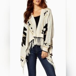 Peace Dove OneSize CreamBlackLngslv MetalicThreadFringe WoolBlend WomenCardigan